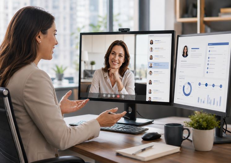 Consultora de Recrutamento e Seleção conduzindo entrevista por videochamada com candidatos